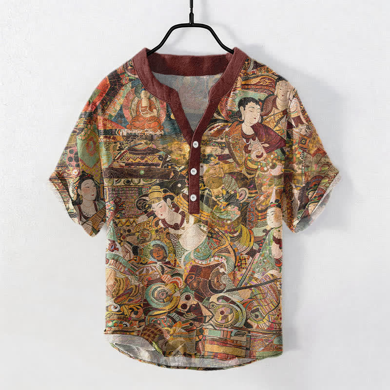 Nimara Ritual Cotton Portrait Print Men's Short Sleeve Half Button Shirt
