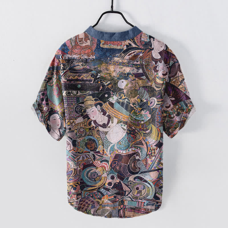 Nimara Ritual Cotton Portrait Print Men's Short Sleeve Half Button Shirt