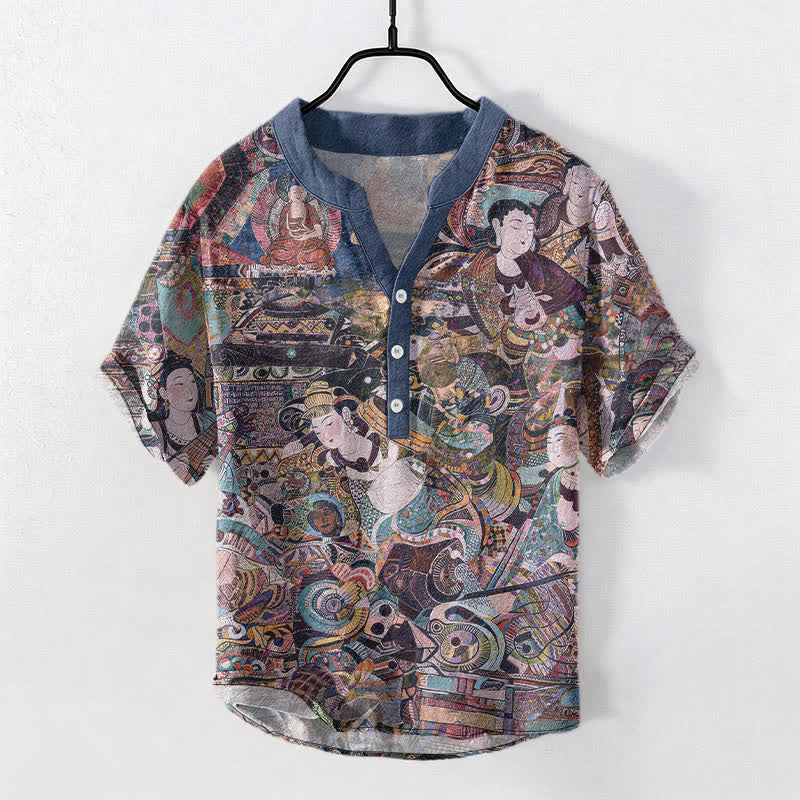 Nimara Ritual Cotton Portrait Print Men's Short Sleeve Half Button Shirt