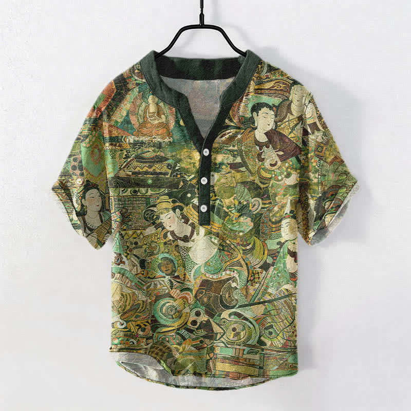 Nimara Ritual Cotton Portrait Print Men's Short Sleeve Half Button Shirt