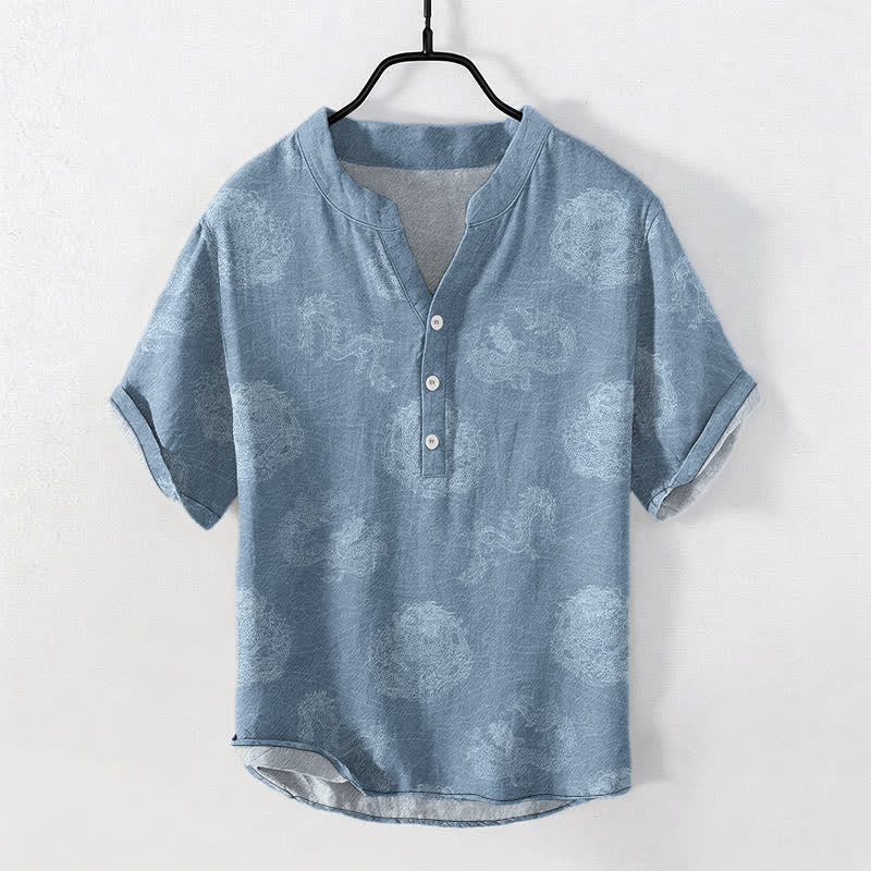 Nimara Ritual Cotton Dragon Print Men's Short Sleeve Half Button Shirt