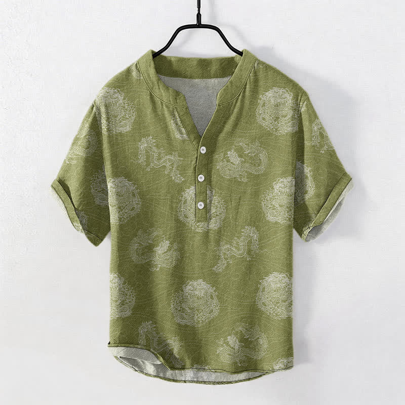 Nimara Ritual Cotton Dragon Print Men's Short Sleeve Half Button Shirt