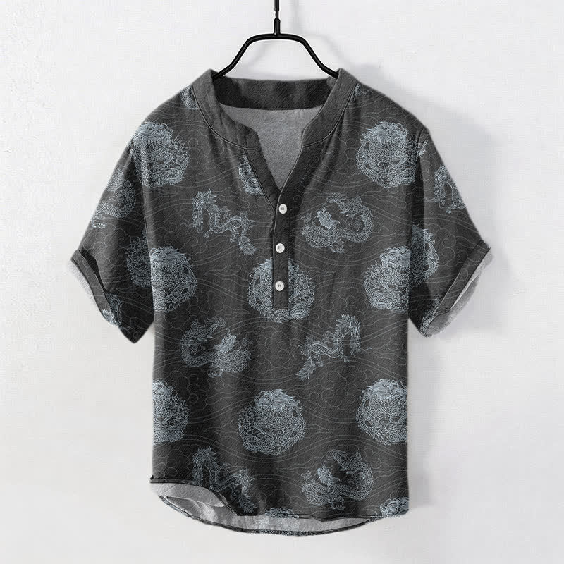 Nimara Ritual Cotton Dragon Print Men's Short Sleeve Half Button Shirt