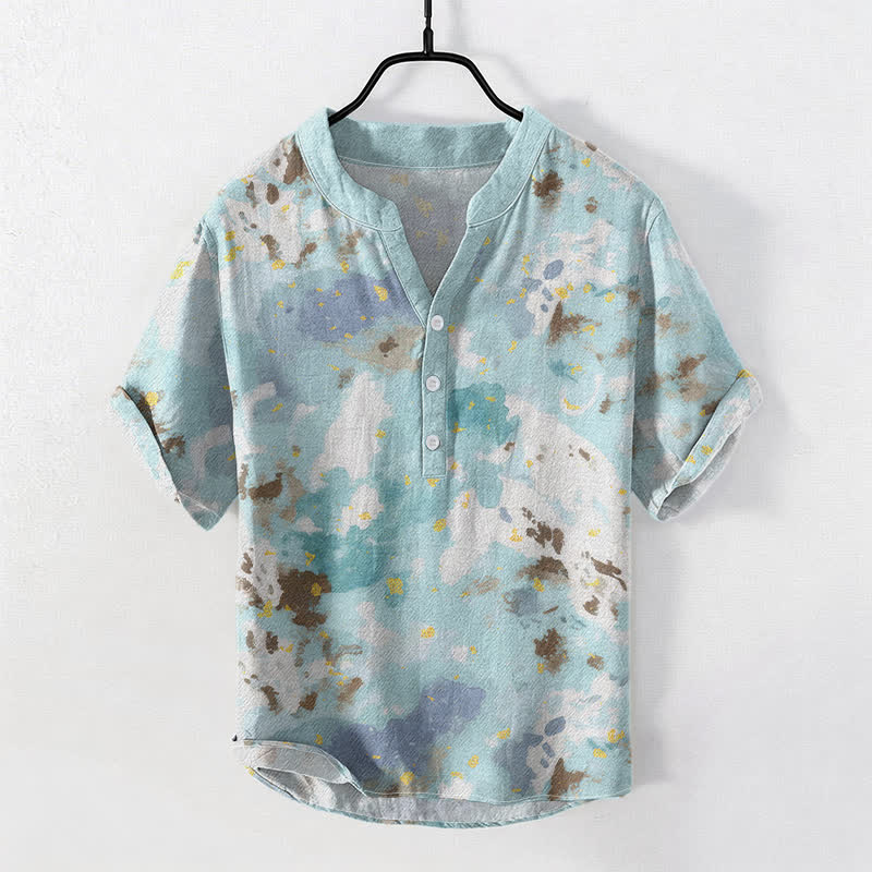 Nimara Ritual Cotton Watercolor Splash Men's Short Sleeve Half Button Shirt
