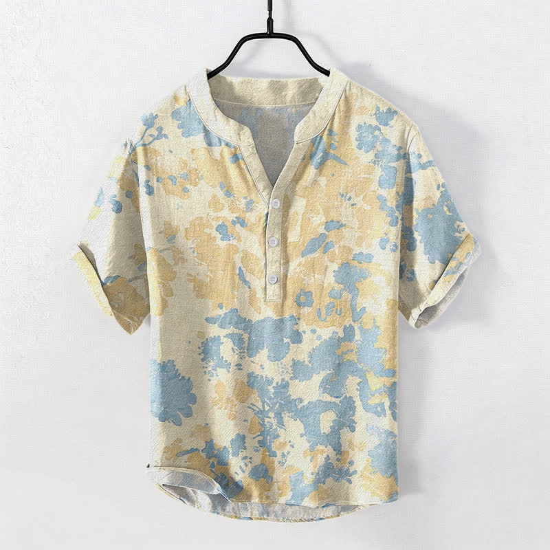 Nimara Ritual Cotton Watercolor Floral Henley Men's Short Sleeve Half Button Shirt