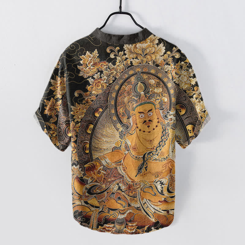 Nimara Ritual Cotton Gold Buddha Floral Print Men's Short Sleeve Half Button Shirt