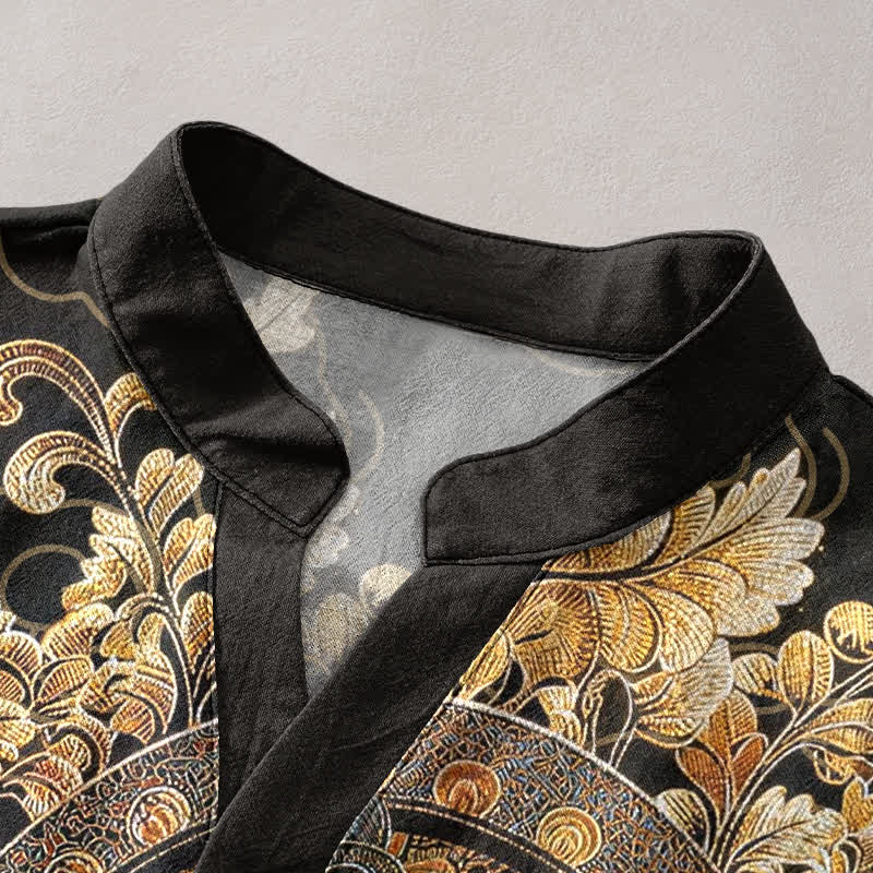 Nimara Ritual Cotton Gold Buddha Floral Print Men's Short Sleeve Half Button Shirt
