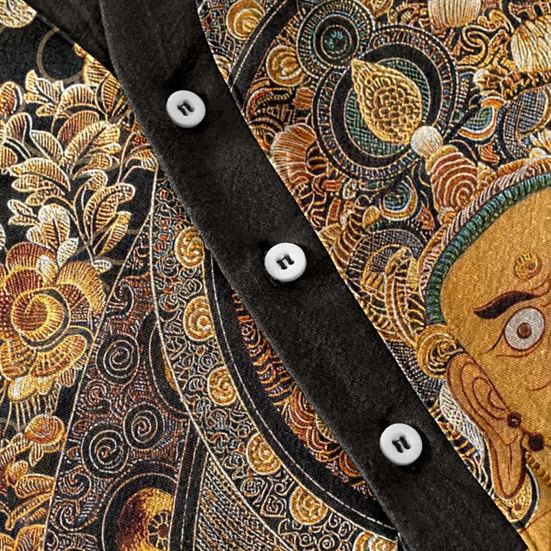 Nimara Ritual Cotton Gold Buddha Floral Print Men's Short Sleeve Half Button Shirt