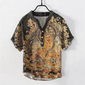 Nimara Ritual Cotton Gold Buddha Floral Print Men's Short Sleeve Half Button Shirt