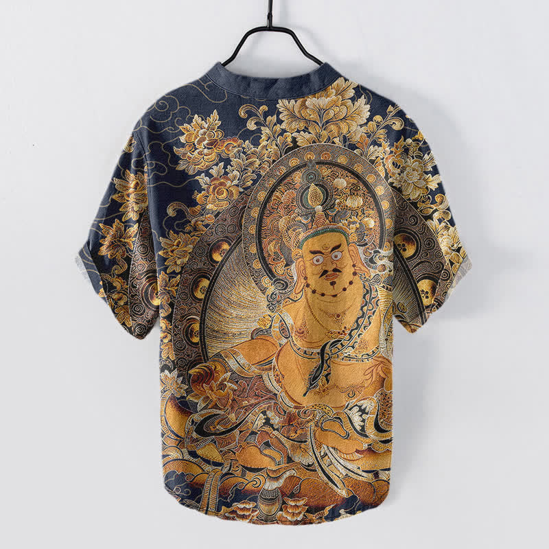 Nimara Ritual Cotton Gold Buddha Floral Print Men's Short Sleeve Half Button Shirt