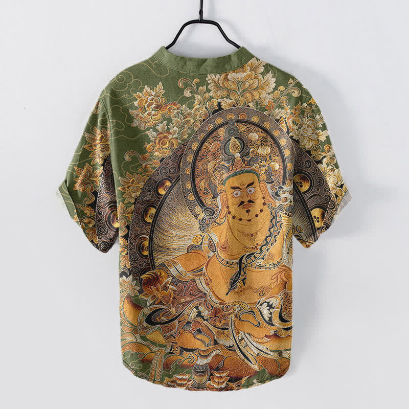 Nimara Ritual Cotton Gold Buddha Floral Print Men's Short Sleeve Half Button Shirt