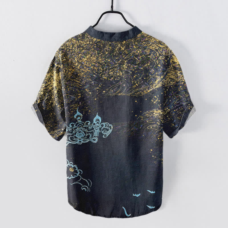Nimara Ritual Cotton Splatter Dye Galaxy-Inspired Henley Men's Short Sleeve Half Button Shirt