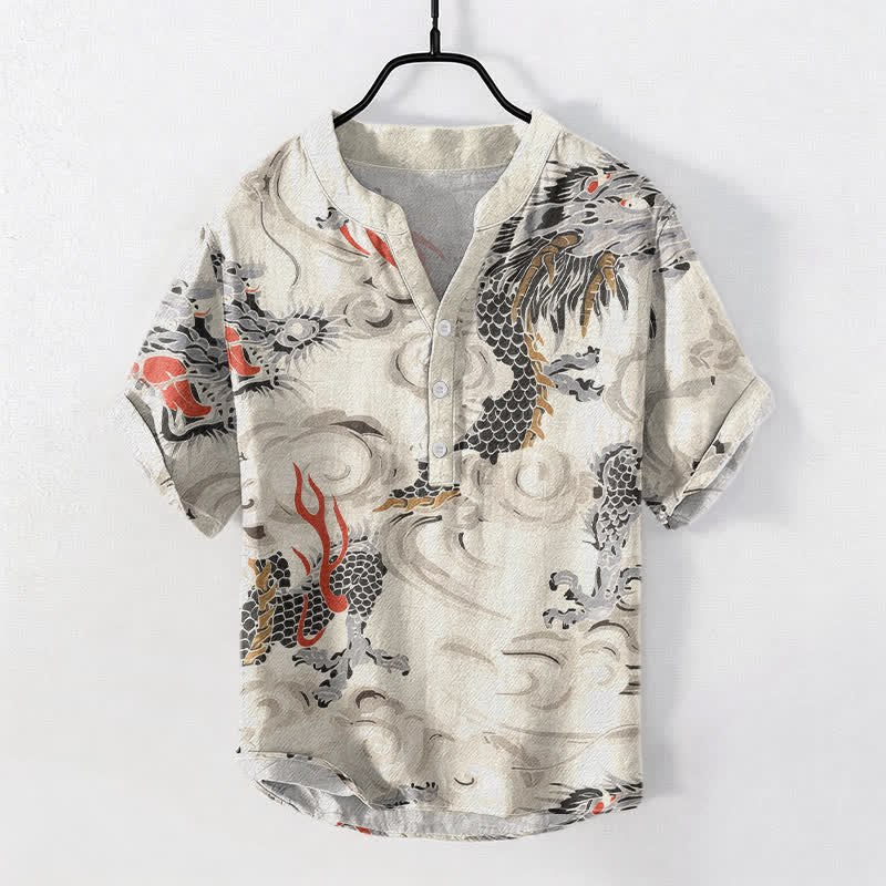 Nimara Ritual Cotton Dragon Print Henley Men's Short Sleeve Half Button Shirt
