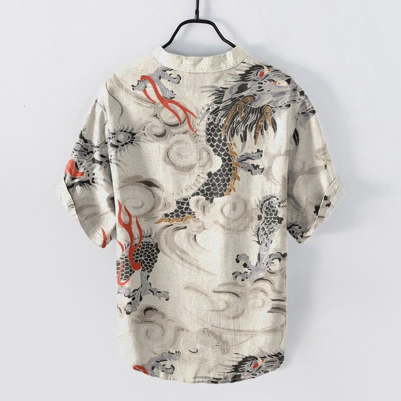Nimara Ritual Cotton Dragon Print Henley Men's Short Sleeve Half Button Shirt