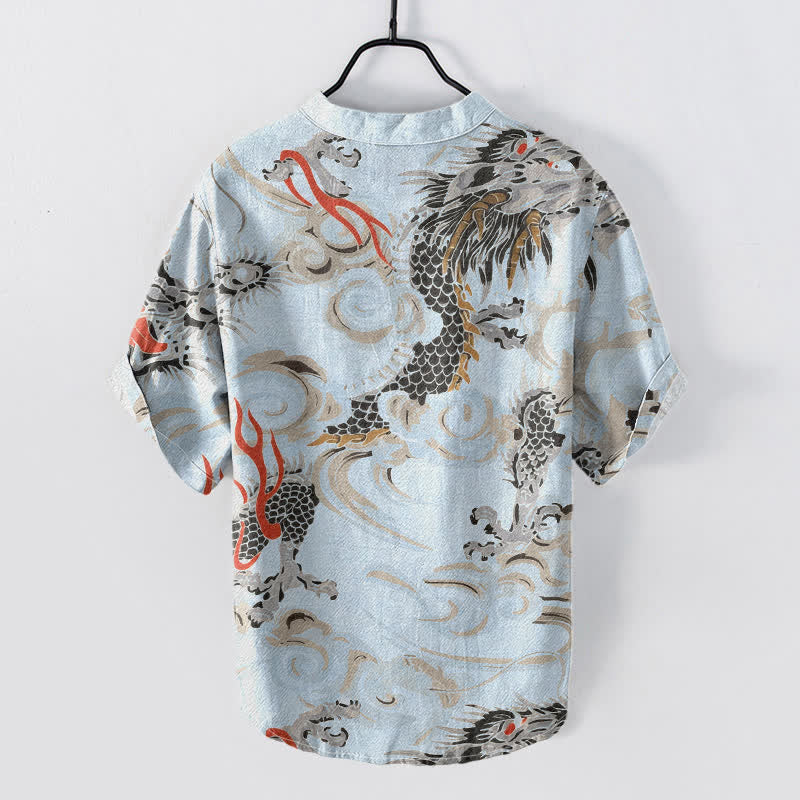 Nimara Ritual Cotton Dragon Print Henley Men's Short Sleeve Half Button Shirt