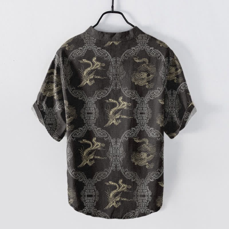 Nimara Ritual Cotton Dragon Phoenix Emblem Men's Short Sleeve Half Button Shirt