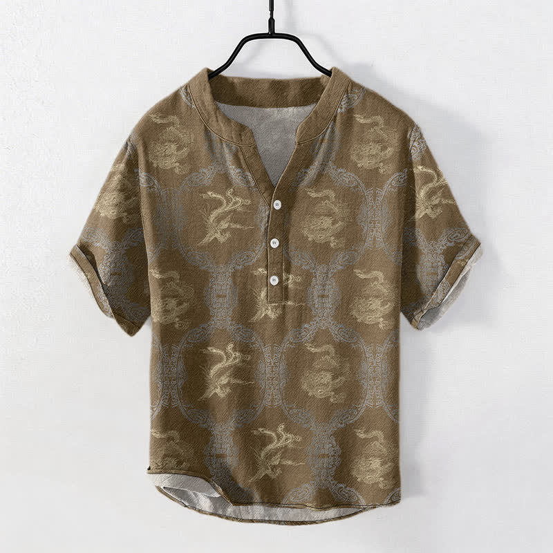 Nimara Ritual Cotton Dragon Phoenix Emblem Men's Short Sleeve Half Button Shirt
