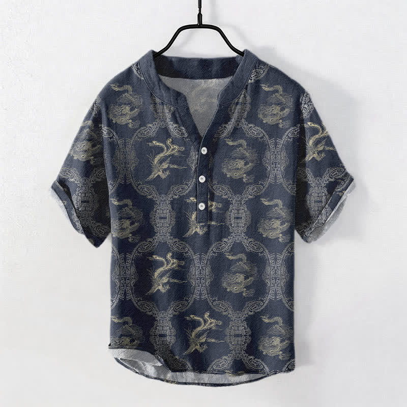 Nimara Ritual Cotton Dragon Phoenix Emblem Men's Short Sleeve Half Button Shirt
