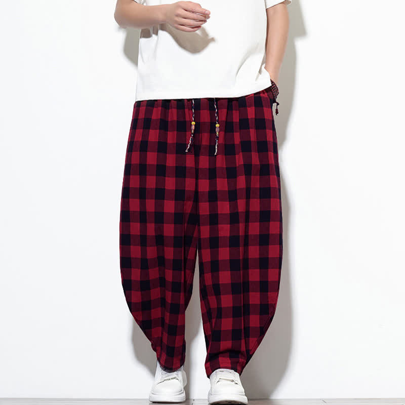Nimara Ritual Summer Plaid Pattern High Waist Drawstring Men's Harem Pants With Pockets