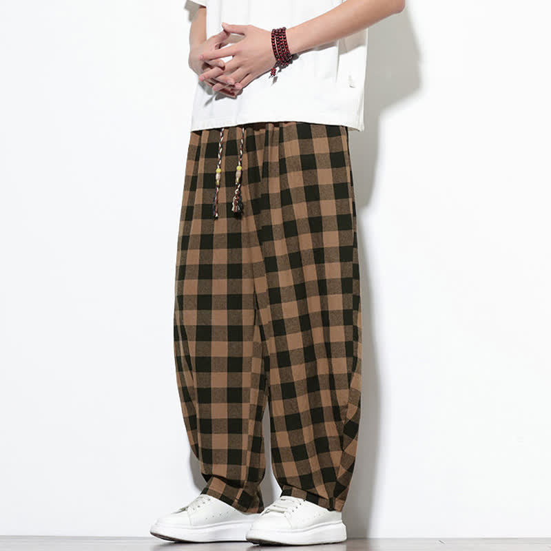 Nimara Ritual Summer Plaid Pattern High Waist Drawstring Men's Harem Pants With Pockets