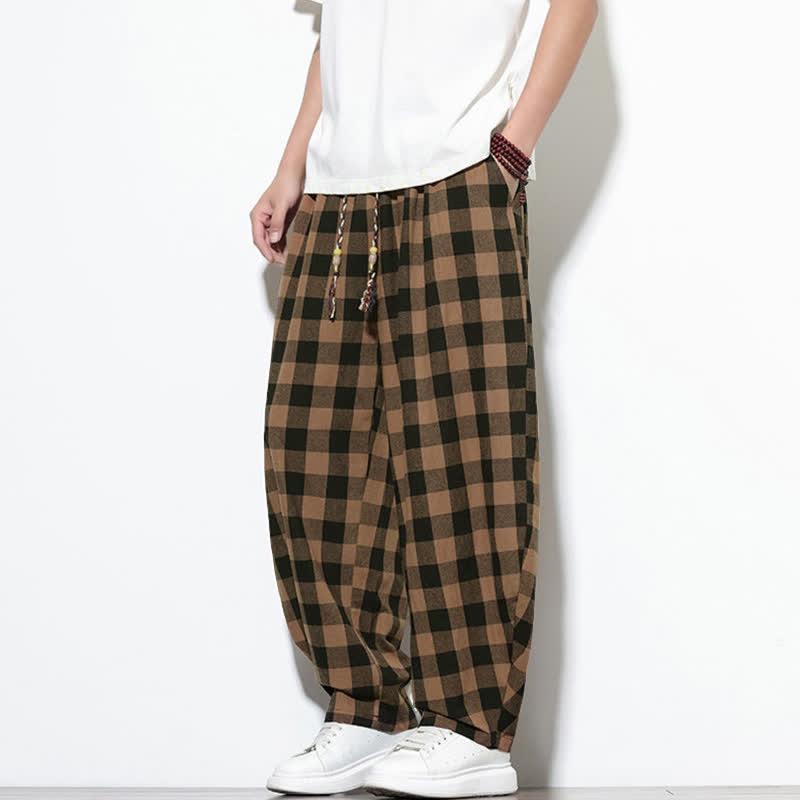 Nimara Ritual Summer Plaid Pattern High Waist Drawstring Men's Harem Pants With Pockets