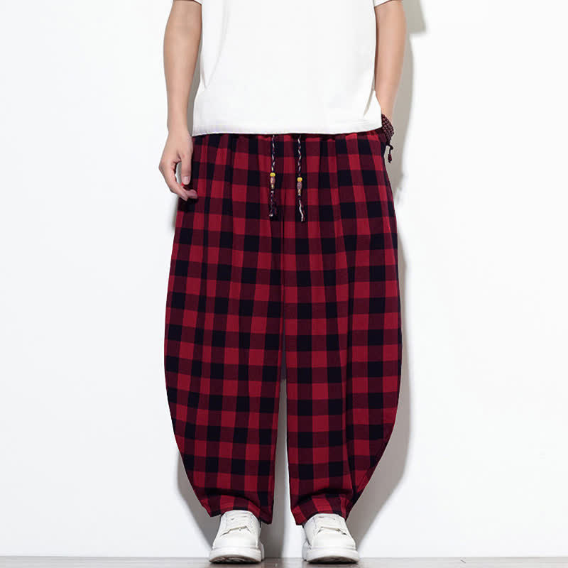 Nimara Ritual Summer Plaid Pattern High Waist Drawstring Men's Harem Pants With Pockets