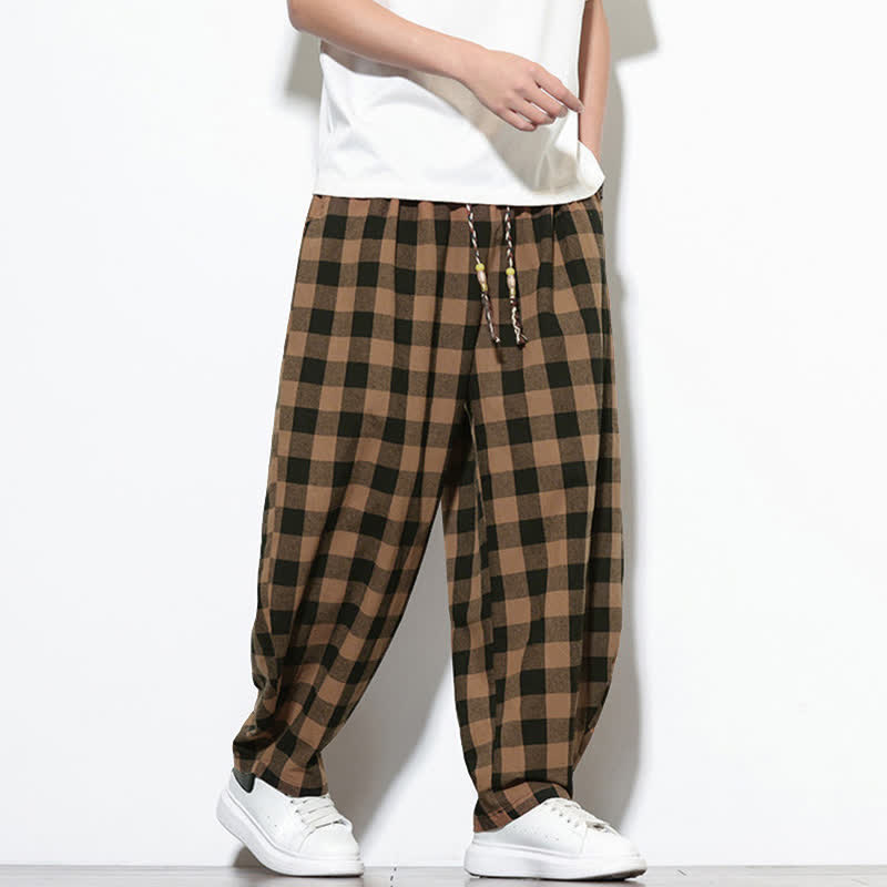 Nimara Ritual Summer Plaid Pattern High Waist Drawstring Men's Harem Pants With Pockets