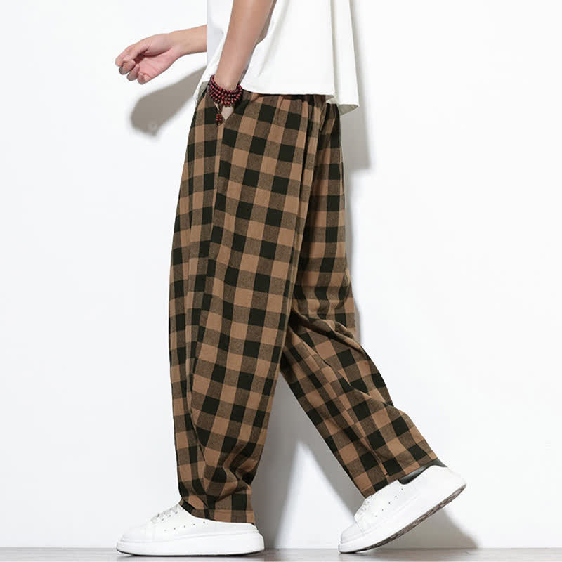 Nimara Ritual Summer Plaid Pattern High Waist Drawstring Men's Harem Pants With Pockets