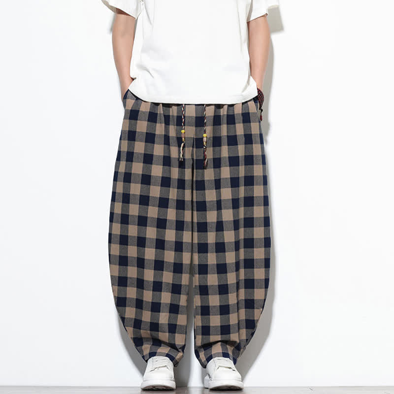 Nimara Ritual Summer Plaid Pattern High Waist Drawstring Men's Harem Pants With Pockets