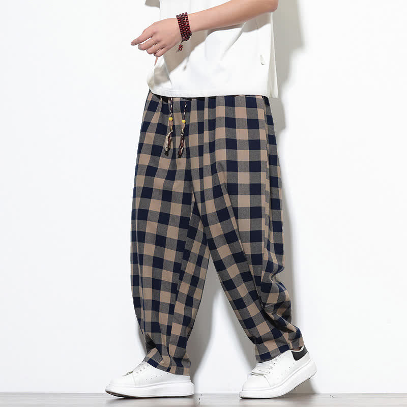 Nimara Ritual Summer Plaid Pattern High Waist Drawstring Men's Harem Pants With Pockets