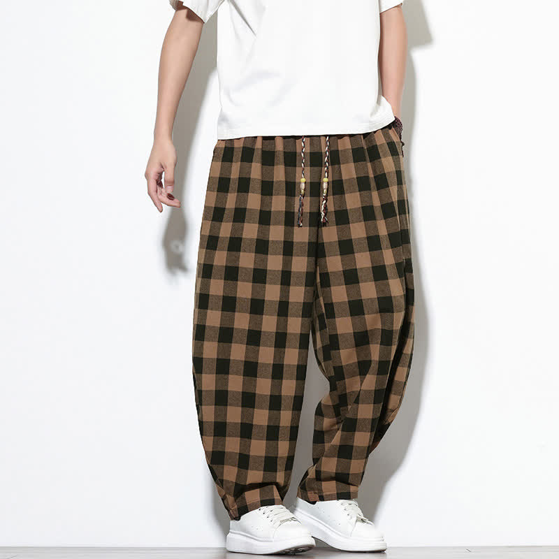 Nimara Ritual Summer Plaid Pattern High Waist Drawstring Men's Harem Pants With Pockets