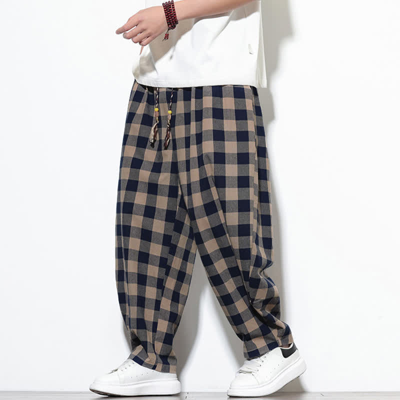 Nimara Ritual Summer Plaid Pattern High Waist Drawstring Men's Harem Pants With Pockets