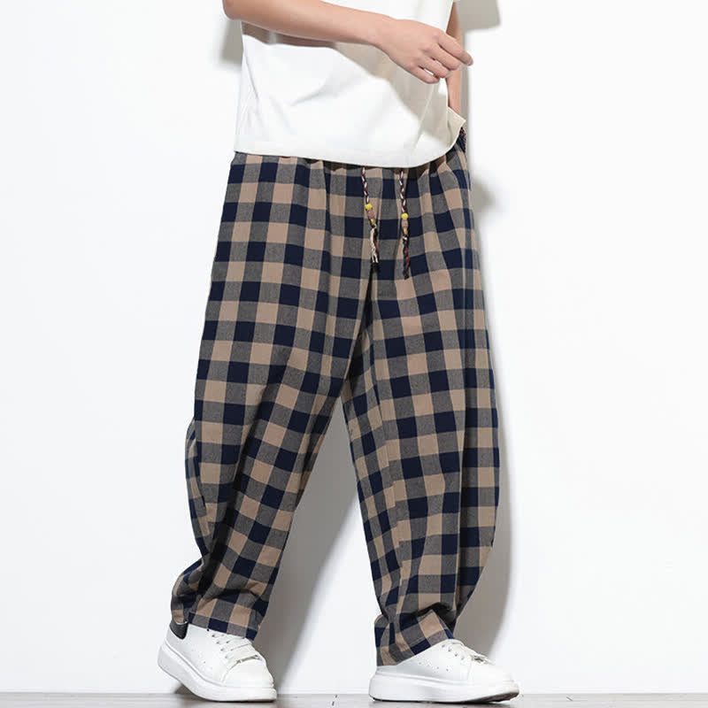 Nimara Ritual Summer Plaid Pattern High Waist Drawstring Men's Harem Pants With Pockets