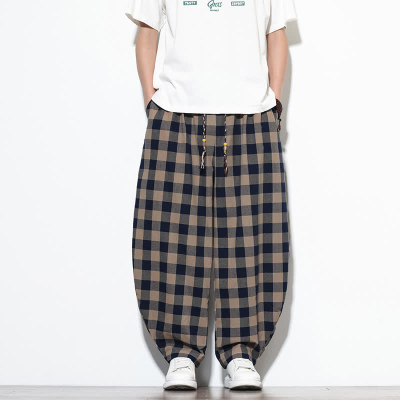 Nimara Ritual Summer Plaid Pattern High Waist Drawstring Men's Harem Pants With Pockets