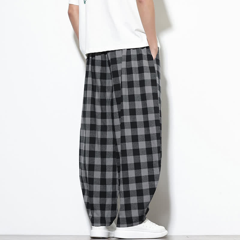 Nimara Ritual Summer Plaid Pattern High Waist Drawstring Men's Harem Pants With Pockets