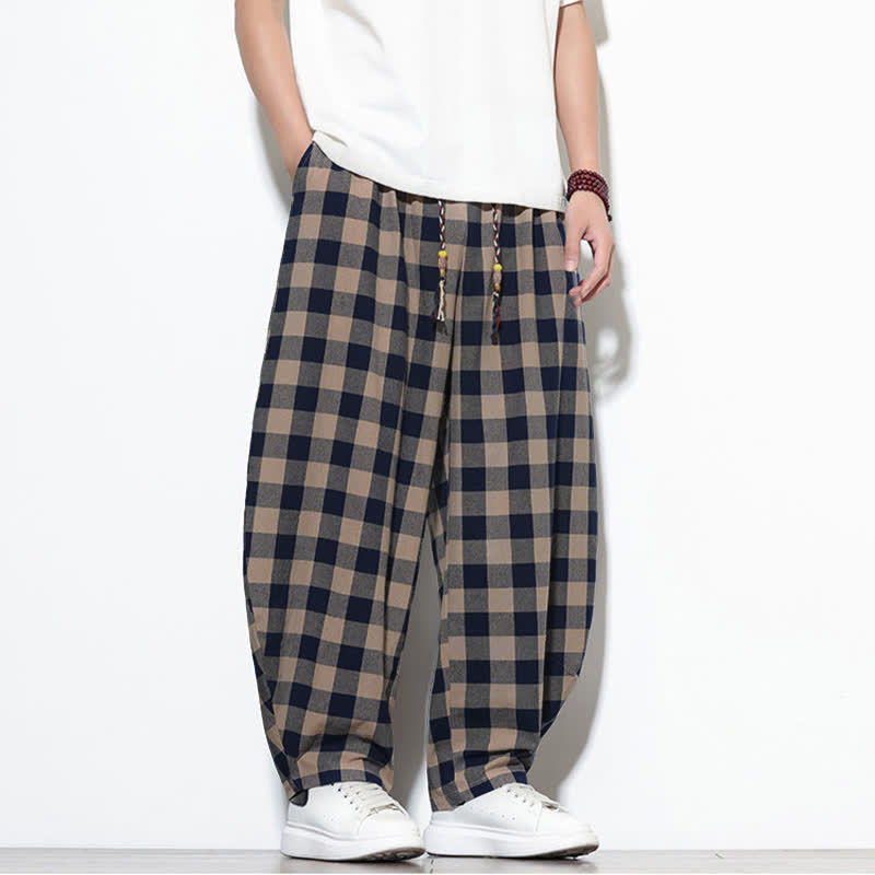 Nimara Ritual Summer Plaid Pattern High Waist Drawstring Men's Harem Pants With Pockets