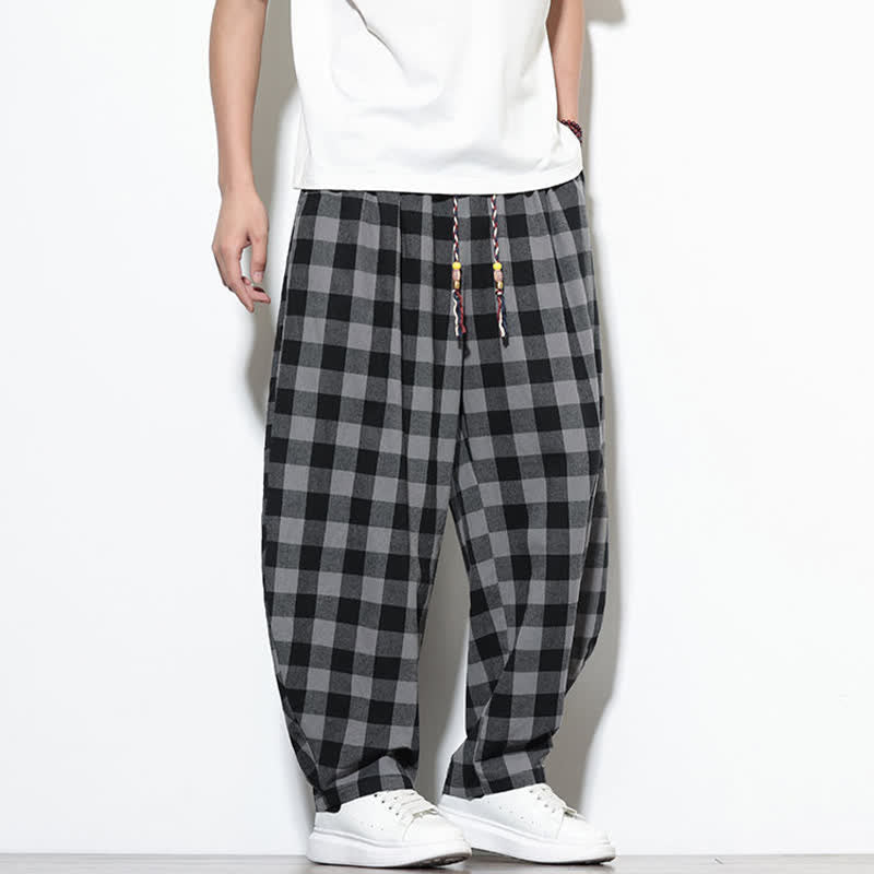Nimara Ritual Summer Plaid Pattern High Waist Drawstring Men's Harem Pants With Pockets