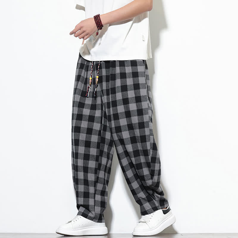 Nimara Ritual Summer Plaid Pattern High Waist Drawstring Men's Harem Pants With Pockets