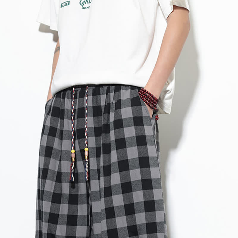 Nimara Ritual Summer Plaid Pattern High Waist Drawstring Men's Harem Pants With Pockets