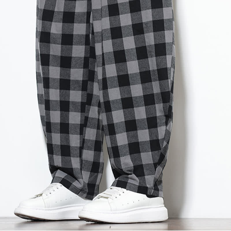 Nimara Ritual Summer Plaid Pattern High Waist Drawstring Men's Harem Pants With Pockets
