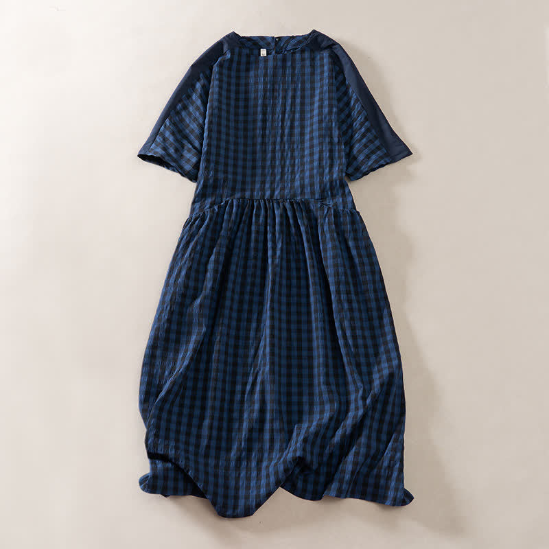 Nimara Ritual Summer MidnightBlue Checked A-line Pleated Crew Neck Knee Length Women's Short Sleeve Dress