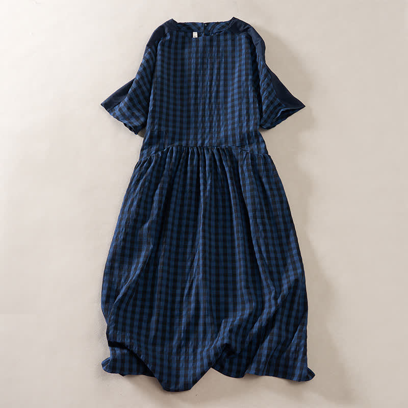 Nimara Ritual Summer MidnightBlue Checked A-line Pleated Crew Neck Knee Length Women's Short Sleeve Dress