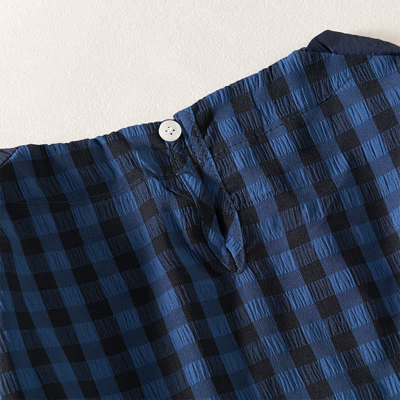 Nimara Ritual Summer MidnightBlue Checked A-line Pleated Crew Neck Knee Length Women's Short Sleeve Dress