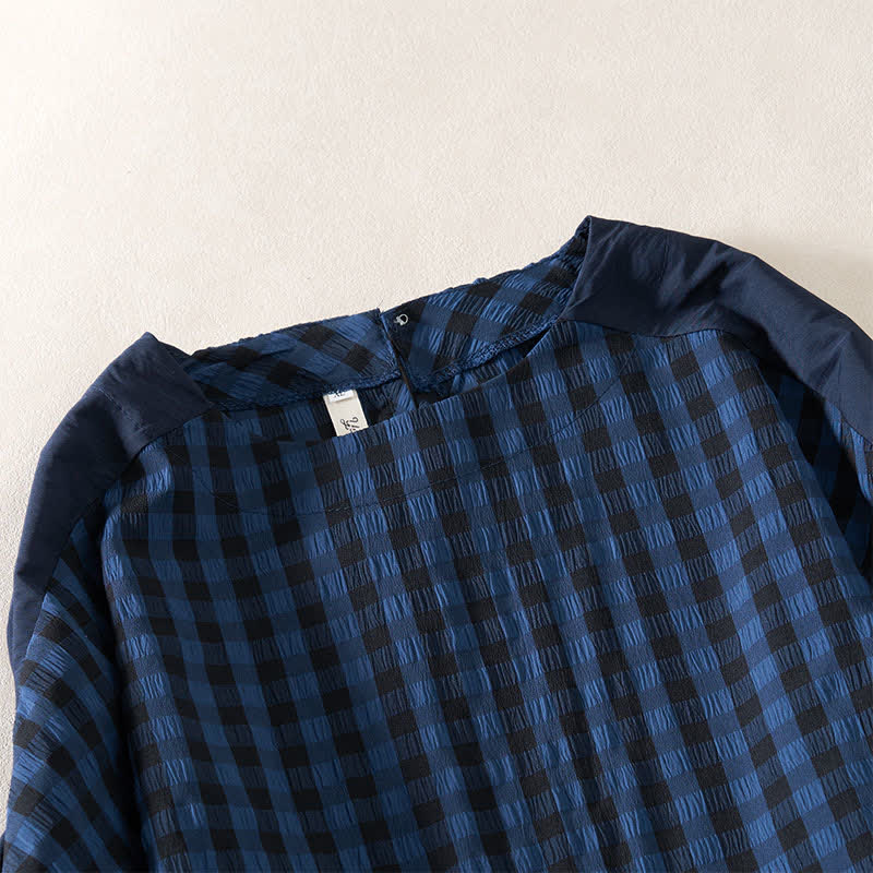 Nimara Ritual Summer MidnightBlue Checked A-line Pleated Crew Neck Knee Length Women's Short Sleeve Dress
