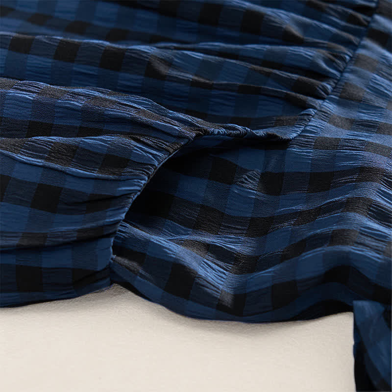 Nimara Ritual Summer MidnightBlue Checked A-line Pleated Crew Neck Knee Length Women's Short Sleeve Dress