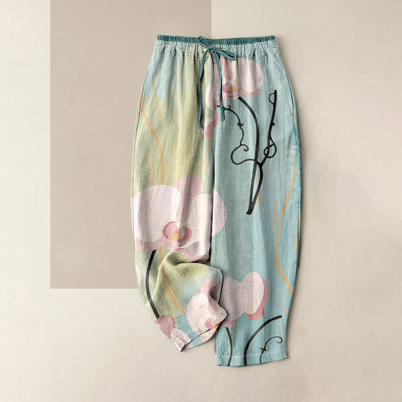 Nimara Ritual Cotton Orchid Print Drawstring Women's Elastic Waist Pants With Pockets