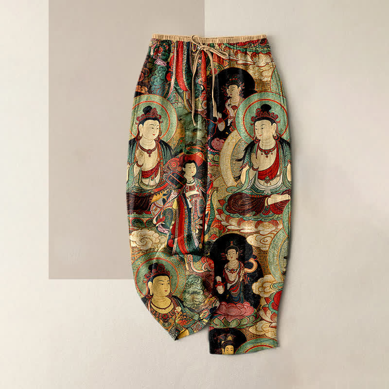Nimara Ritual Multiple Buddhas Pattern Elastic Waist Women's Pure Cotton Pants With Pockets