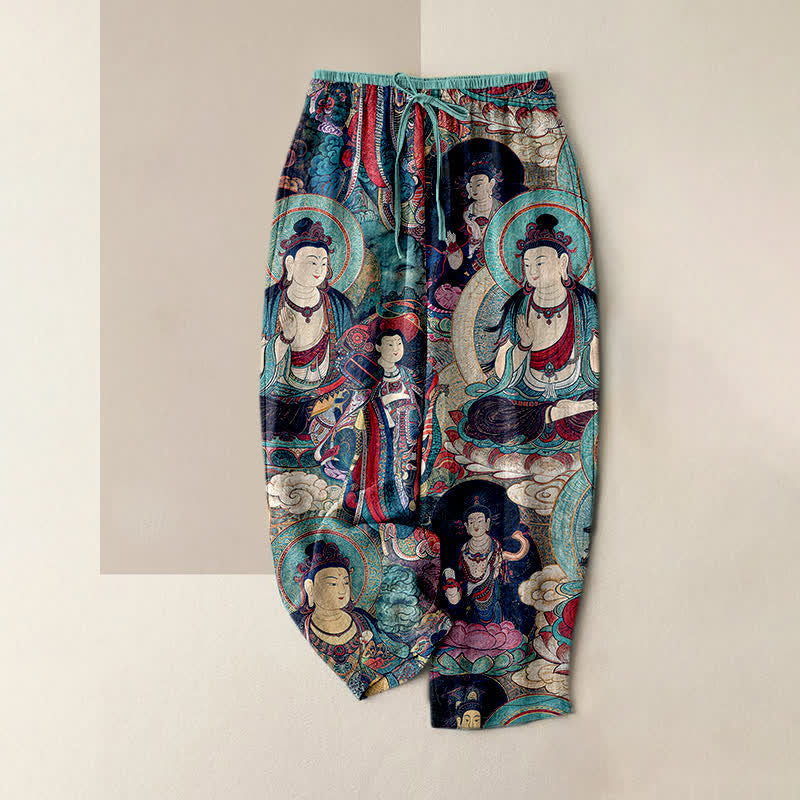 Nimara Ritual Multiple Buddhas Pattern Elastic Waist Women's Pure Cotton Pants With Pockets