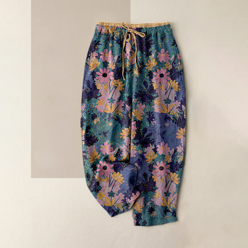 Nimara Ritual Colorful Floral Print Pure Cotton Women's Elastic Waist Pants With Pockets