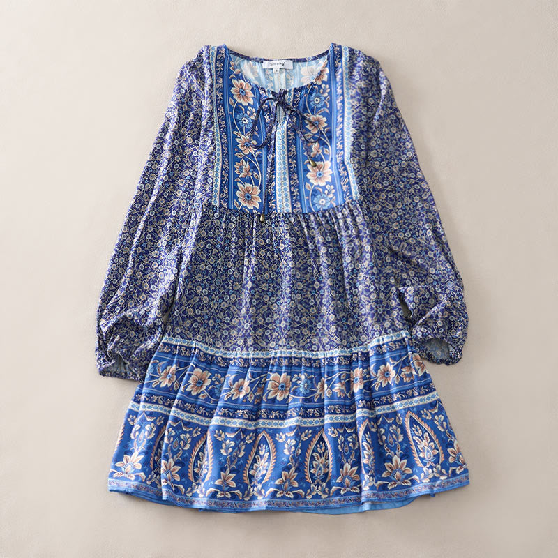 Nimara Ritual Fall Boho Floral Paisley Cotton Bracelet Sleeve Women's Mini Dress with Puff Sleeves and Tie Neck